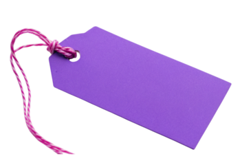 Vibrant purple tag with a string dangling