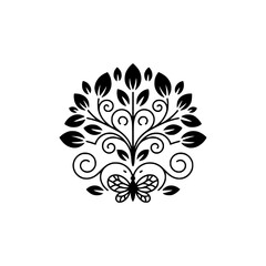 Elegant Black Floral Design with Butterfly - Nature, Decorative Logo