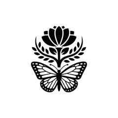 Monarch Butterfly & Floral Emblem, Black & White Vector Design