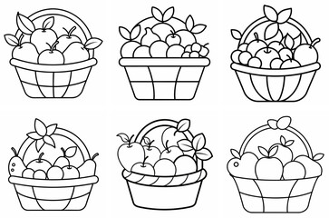 Basket Full of Fruits Outline Coloring Book Page Line Art Drawing Set on White Background