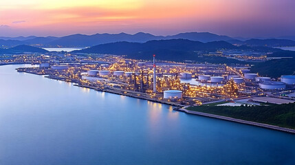 Fototapeta premium Nighttime Industrial Seascape Panoramic View with Illuminated Buildings and Waterscape