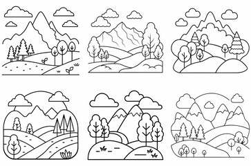 Naklejka premium Landscape Outline Coloring Book Page Line Art Drawing Set on White Background