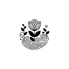 Minimalist Floral Icon: Black & White Geometric Bloom and Foliage