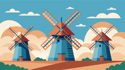 A gentle breeze causes the traditional windmills to spin in unison creating a soothing and rhythmic sound.. Vector illustration