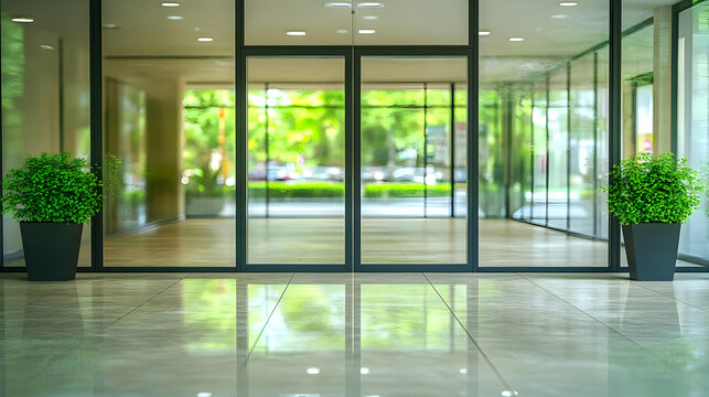 Modern Glass Entrance Interior With Green Plants and Natural Light Photo