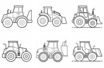 Wheel Loader Machine Outline Coloring Book Page Line Art Drawing Set on White Background
