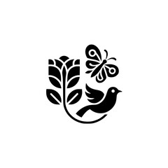 Black & White Floral Emblem with Bird & Butterfly - Vector Illustration