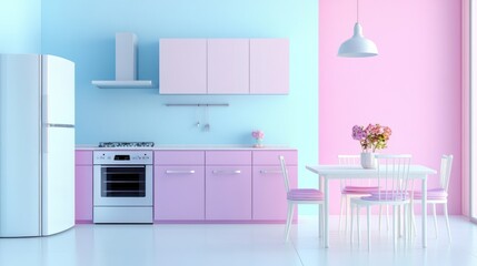 Pastel kitchen interior design, dining area, minimalist style, bright room