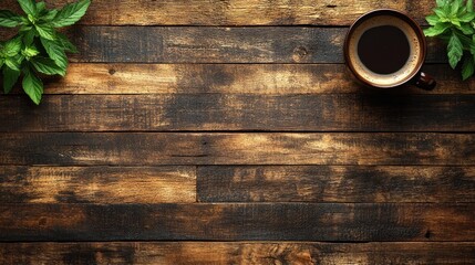 A rustic wooden table with a steaming cup of coffee and fresh mint leaves, evoking a cozy atmosphere