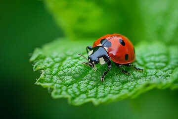 Fototapeta premium A close up photograph of a ladybug on a green leaf