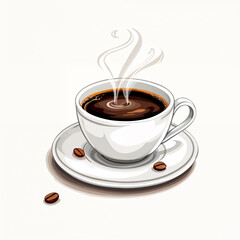 Obraz premium A white mug of hot, brown coffee with beans, a morning espresso drink