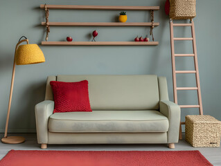 Photo of a Cozy Living Room Interior Design with Red Accents Wooden Shelves and Comfortable Sofa