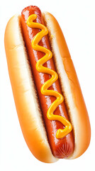 Photo of a Hot Dog with Mustard on a Bun Isolated on White Background