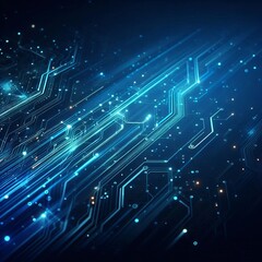 futuristic digital background featuring glowing blue circuitry lines and connected dots on a dark blue gradient backdrop. The circuit lines extend diagonally with a neon effect.