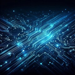 futuristic digital background featuring glowing blue circuitry lines and connected dots on a dark blue gradient backdrop. The circuit lines extend diagonally with a neon effect.