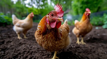 Chicken stands prominently with blurred chickens in the background on dark soil outside under soft lighting.