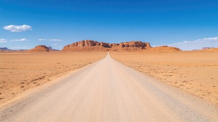 Naklejka premium Desert Road Distant Mountains Vivid High Resolution Long Shot Journey Ahead Sunny Open Landscape Warm Nomad Travel