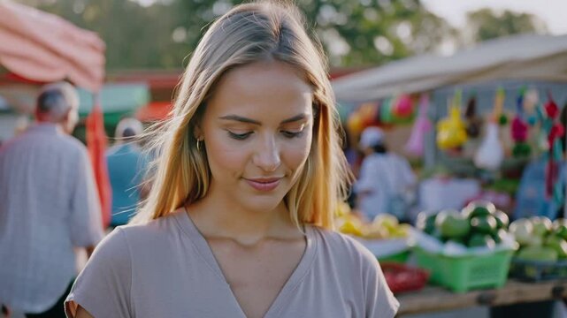 mujer rubia sonriente en un tranquilo y mercado al aire libre. Mira su tel&eacute;fono con una expresi&oacute;n relajada . Los coloridos puestos del mercado al fondo (frutas, verduras, artesan&iacute;as) se ven suavemente