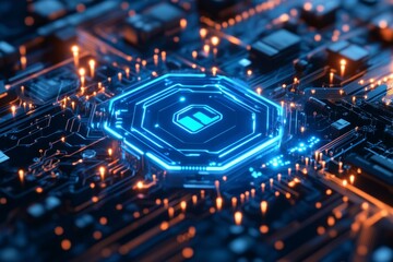 Obraz premium Digital product security concept with futuristic blue holographic interface, 