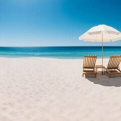 Fototapeta premium Photo of Beach Scene with Chairs Umbrella and Blue Ocean Sky