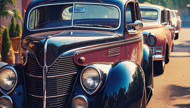 A vintage car is parked on the street next to a red car - Powered by Adobe