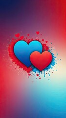 A blue and red heart sit on a background of red and blue paint splatter