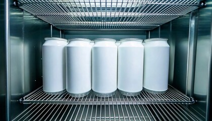 A can of soda in the refrigerator. The can is white for mockup