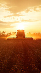 Fototapeta premium Photo of Golden Sunset Harvesting Combine in Field with Orange Sky