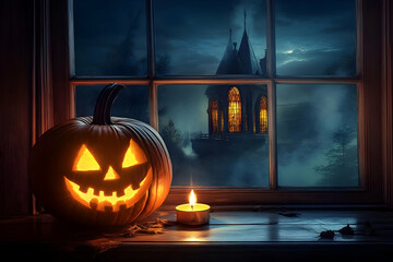 Fototapeta premium Photo of Lit Halloween Pumpkin and Candle on a Window with Spooky Night Atmosphere