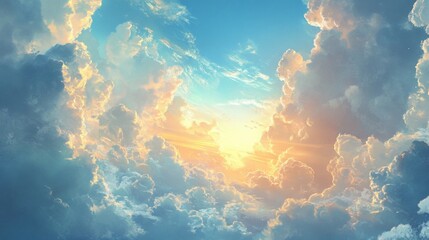 Vast cloudscape with golden sunlight