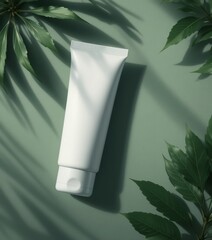 Minimalist Aesthetic Cosmetic Tube Mockup on Natural Background with Green Leaves and Soft Shadows