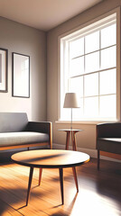 Fototapeta premium Photo of Interior Living Room with Sofa Window and Wooden Table