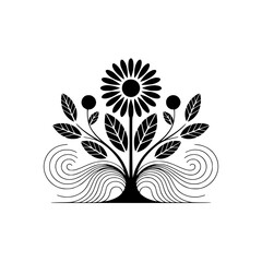 Minimalist Floral Illustration: Daisy Bloom & Elegant Decorative Elements, Black on White