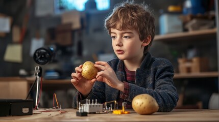 Fototapeta premium Young Boy Engineer Building a Robot with Golden Spheres