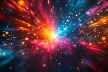 Fototapeta premium An abstract starburst with dynamic rays of light, rendered in vibrant colors and sharp edges. The starburst is set against a dark, cosmic background, creating a sense of depth and movement