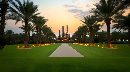 Obraz premium Photo of Palm-lined Pathway Leading to Industrial Site at Sunset with Golden Light