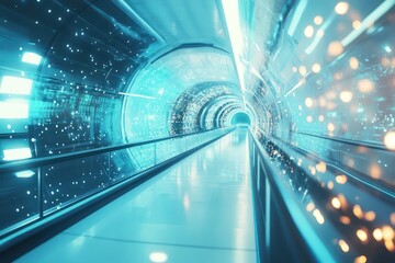 Futuristic tunnel, glowing lights, city background, transport