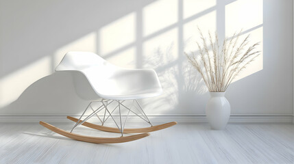 Photo of White Rocking Chair Next to Vase on Wooden Floor with Sunlight and Shadow