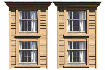 Photo of Two Old Wooden Windows with White Curtains and a Brown Exterior in Daylight