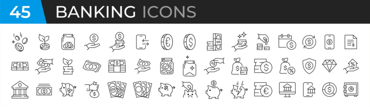 Money, coins and finances thin line icon set. Outline symbol collection. Editable vector stroke. Pixel Perfect scalable vector 10 eps.