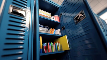Colorful school locker filled with stationery, books, and supplies in a vibrant classroom setting