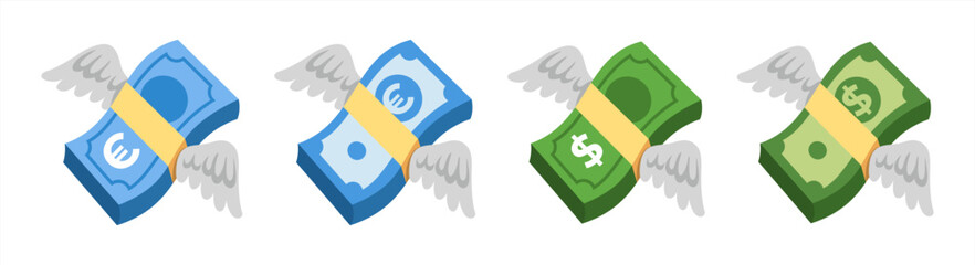 Dollar and Euro with wings. Flying money emoji. Dollar and Euro stack. Flying money with wings vector emoji. Vector icon set.