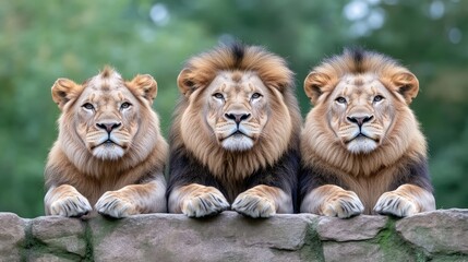 Three Lions Majestic Wildlife Photography High Resolution Horizontal Stone Wall Setting Warm Tones Nature Conservation