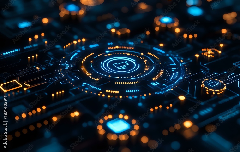 Poster futuristic glowing blue and orange circular technology pattern on dark background with digital inter