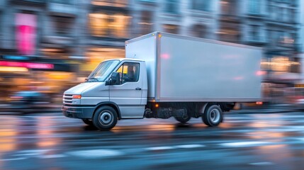 Urban delivery van moving fast on rainy night
