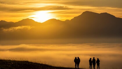 Fototapeta premium Silhouettes of People Standing Still Amid Thick Fog on a Chilly Dawn