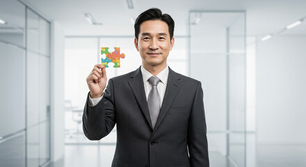 A confident businessman holding a colorful puzzle piece, symbolizing solutions and strategic thinking in a modern office setting with a clean, bright background.