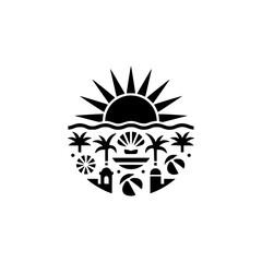Minimalist Summer Icon: Beach Scene with Palm Trees & Sun