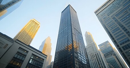 Obraz premium Tall skyscrapers reaching up toward the bright and beautiful sky above