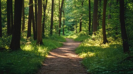 Obraz premium Path through the woods in a peaceful nature setting